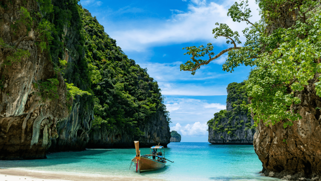 a person is sitting on a boat in the middle of a lake