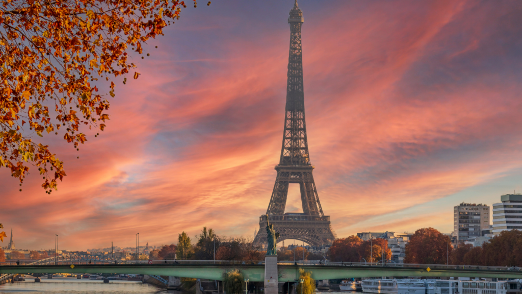 the eiffel tower at sunset in paris, france